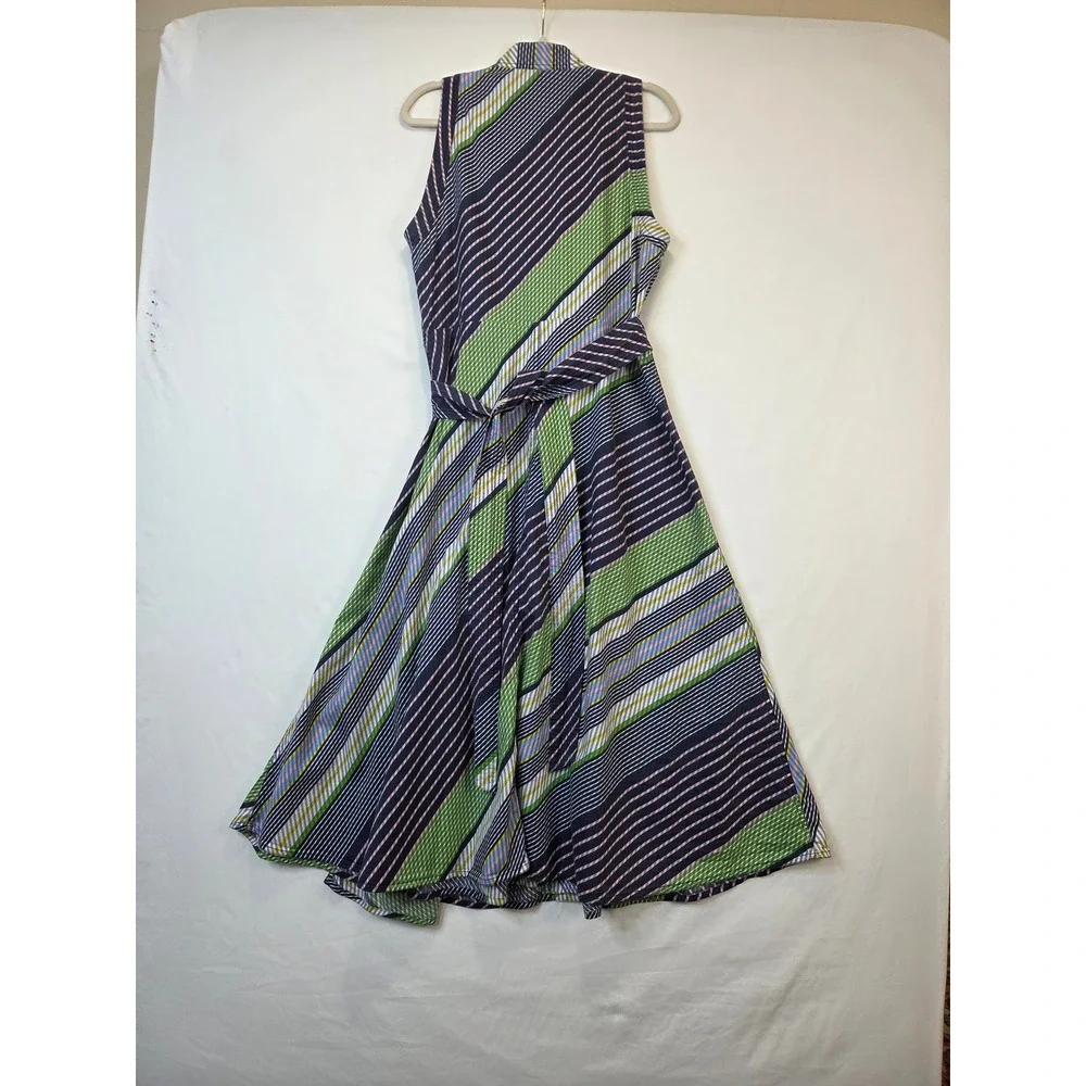 Tory Burch Size 14 Cotton Striped Wrap Midi Dress Belted Pockets